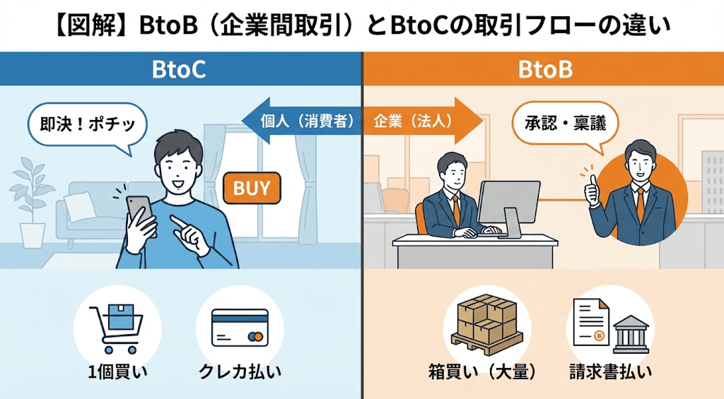 図解:BtoB(企業間取引)とBtoCの取引フローの違い比較。BtoCは個人の即決・クレカ払いだが、BtoBは組織的な承認・稟議が必要で、請求書払い(掛け払い)や大口箱買いが特徴