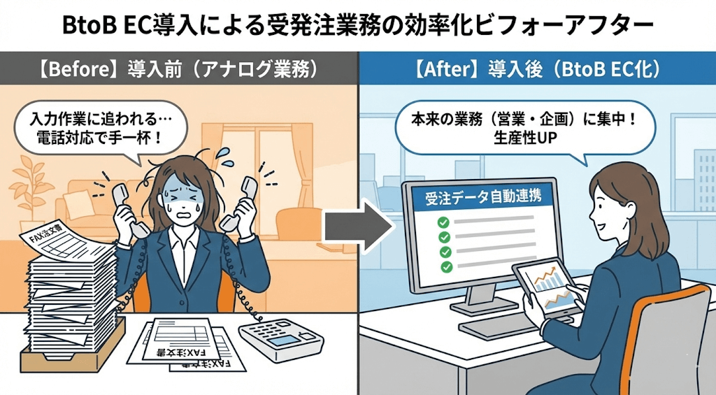 BtoB EC導入による受発注業務の効率化ビフォーアフター図:FAX・電話対応に追われるアナログ業務から、受注データ自動連携による入力不要・生産性向上(本来の営業・企画業務へ集中)への変化
