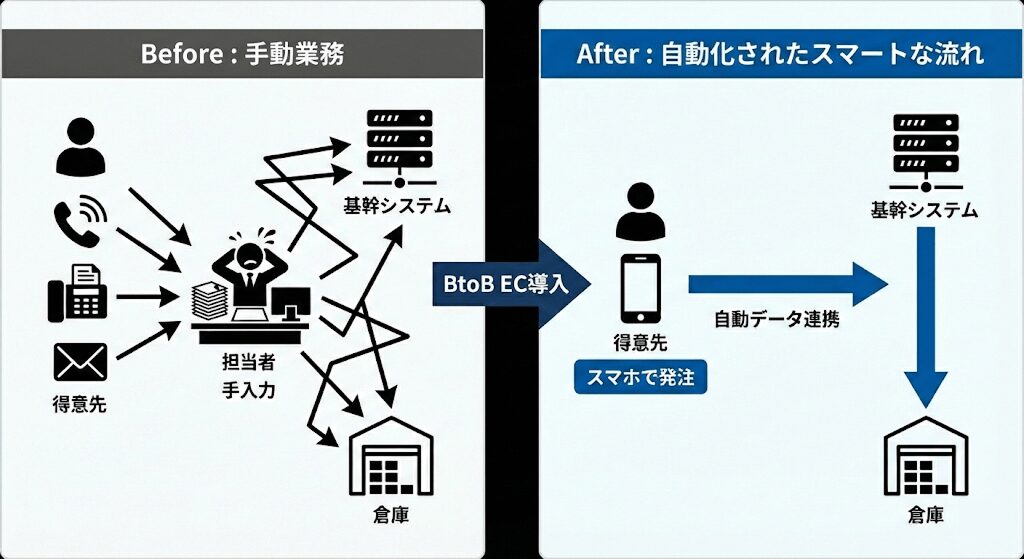 受発注業務の自動化ビフォーアフター図:電話・FAX・手入力による複雑なアナログ業務フローから、スマホ発注・基幹システム自動連携によるスマートな業務フローへの移行イメージ
