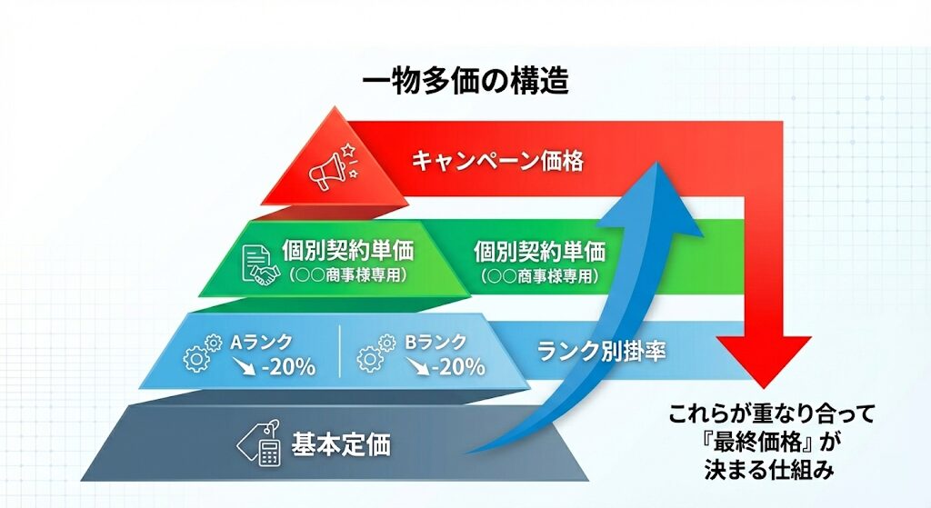 BtoB特有の「一物多価」価格決定構造ピラミッド図解:基本定価に対し、ランク別掛率・個別契約単価・キャンペーン価格が優先順位に従って適用され、顧客ごとの「最終価格」がシステムで自動算出される仕組み