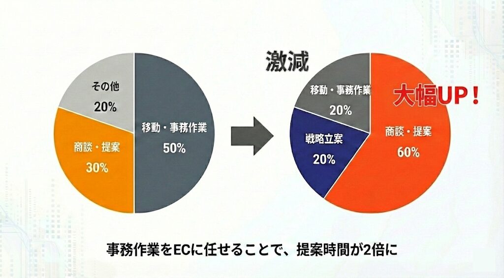 営業担当者の業務時間配分の変化円グラフ:移動・事務作業をECに任せることで、本来注力すべき「商談・提案時間」が30%から60%へ倍増し、生産性が大幅に向上したビフォーアフター