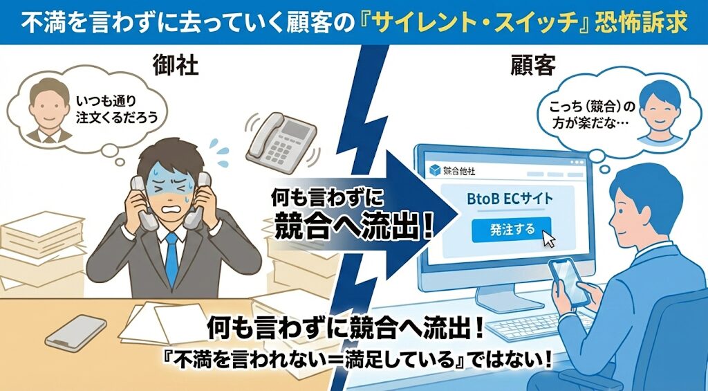 顧客離れの「サイレント・スイッチ」イメージ図:電話注文しかできない自社(アナログ)から、Web発注できる競合他社(デジタル)へ、顧客が不満を言わずに静かに流出してしまう機会損失リスク