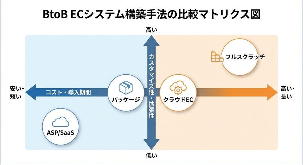 BtoB ECシステム構築手法の比較マトリクス図(コスト・期間 vs カスタマイズ性):安価・短期間な「ASP/SaaS」、バランス型の「パッケージ」「クラウドEC」、自由度は高いが高コストな「フルスクラッチ」の4手法