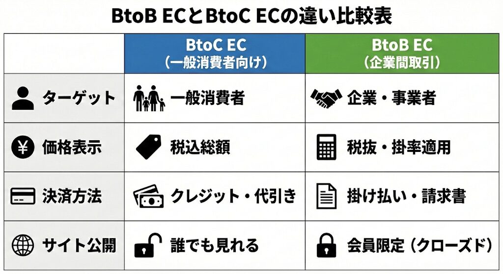 BtoB ECとBtoC ECの機能・仕様の違い比較表：ターゲット（企業vs消費者）、価格表示（税抜・掛率適用）、決済方法（掛け払い・請求書）、サイト公開設定（会員限定・クローズド）の4大相違点