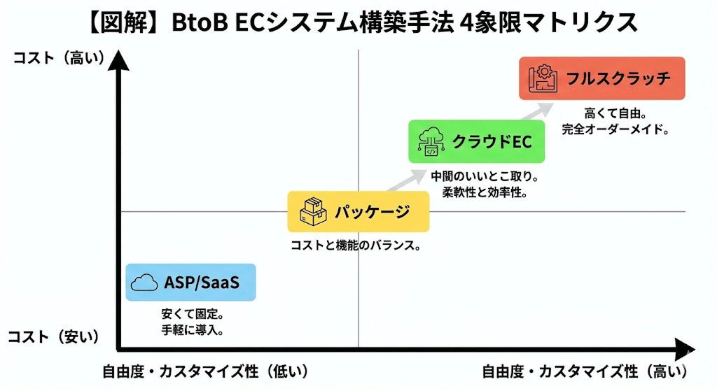 BtoB ECシステム構築手法の4象限マトリクス図（コスト×カスタマイズ性）：安価な「ASP/SaaS」、バランス型の「パッケージ」、柔軟な「クラウドEC」、完全オーダーメイドの「フルスクラッチ」の比較