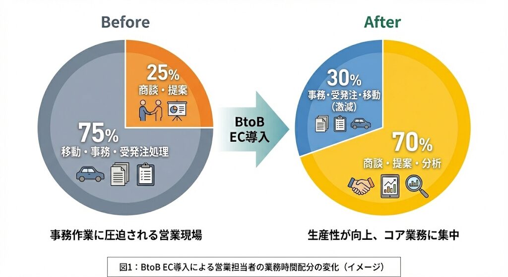 BtoB EC導入による営業担当者の業務時間配分の変化グラフ：事務・受発注処理などのノンコア業務が75%から30%へ激減し、商談・提案などのコア業務が70%へ拡大して生産性が向上