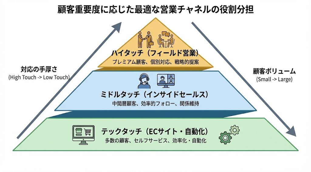 顧客重要度に応じた営業チャネルの役割分担ピラミッド図（The Model型）：大口顧客への「ハイタッチ（フィールド営業）」、中間層への「ミドルタッチ（インサイドセールス）」、小口多数への「テックタッチ（ECサイト）」による効率的な棲み分け