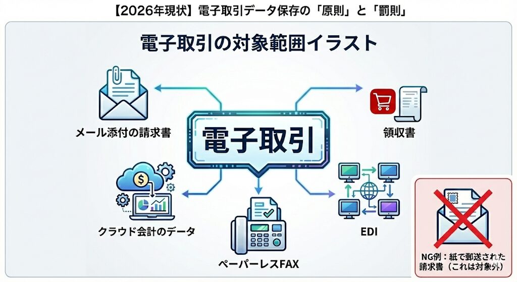 【2026年現状】電子帳簿保存法における「電子取引」の対象範囲イラスト：メール添付の請求書、クラウド会計データ、EDI、ペーパーレスFAXは「電子保存」が必須。※郵送された紙の請求書は対象外