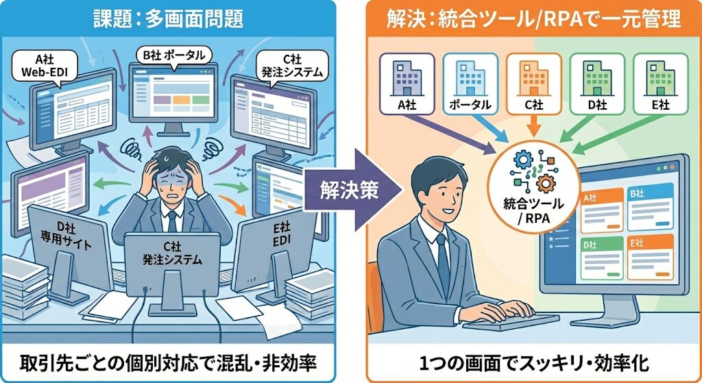 Web-EDIの課題「多画面問題」を解決する統合ツール・RPA活用図：取引先ごとのポータルサイトに個別ログインする繁雑な手作業（Before）を、一元管理システムで自動化・効率化する解決策（After）