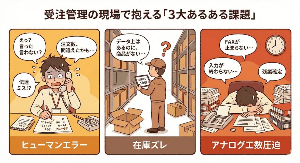 受注管理の現場で抱える「3大あるある課題」のイメージイラスト。伝達ミスなどの「ヒューマンエラー」、データと実数が合わない「在庫ズレ」、FAX処理や手入力が終わらず残業になる「アナログ工数圧迫」の3点を描写。