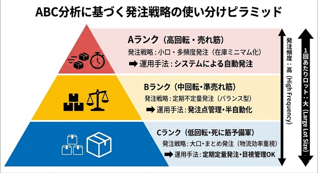 ABC分析に基づく発注戦略ピラミッド図：Aランク（売れ筋）はシステム自動発注、Bランクは発注点管理、Cランクは大口まとめ発注と、商品ランク別の最適な運用手法