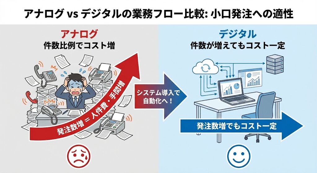アナログとデジタルの業務フロー比較図（小口発注への適性）：アナログは件数比例で人件費・手間が増大するが、デジタル（システム導入）なら発注数が増えてもコスト一定で自動化可能