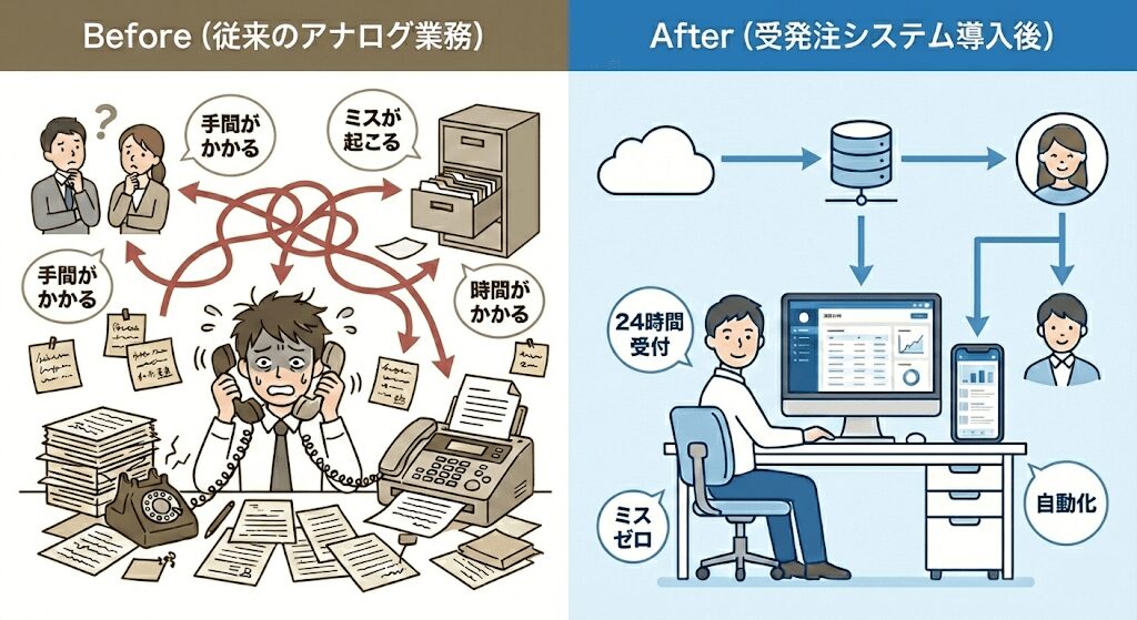 BtoB受発注システム導入前後の業務改善ビフォーアフター図。従来のアナログ業務（電話・FAX・手書き）による手間やミス・長時間労働の課題が、システム導入によりクラウド管理・24時間受付・自動化・ミスゼロへと改善され、効率化する様子を比較。
