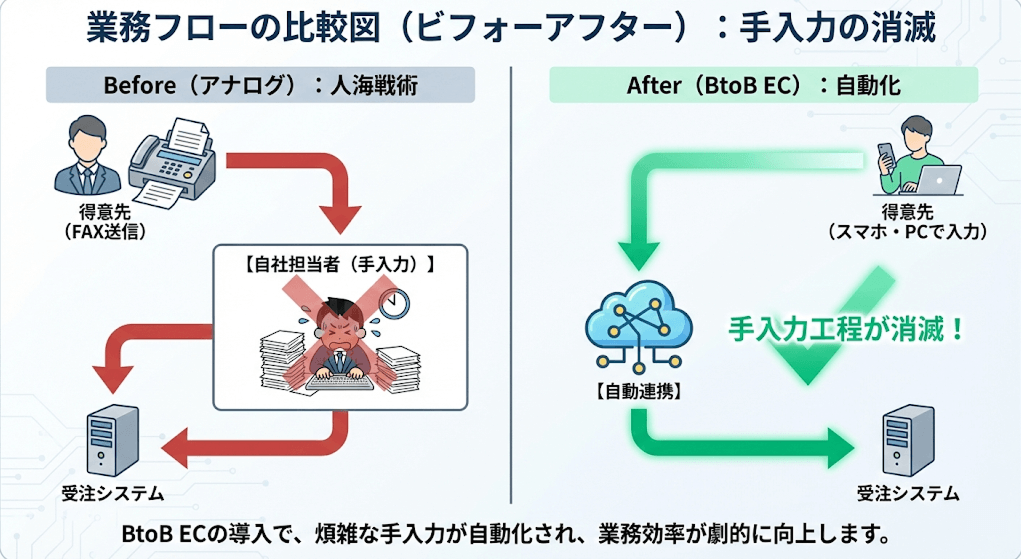 業務フロー比較図（ビフォーアフター）：FAX・電話によるアナログな人海戦術から、BtoB EC導入による受発注業務の自動化・手入力削減への変化