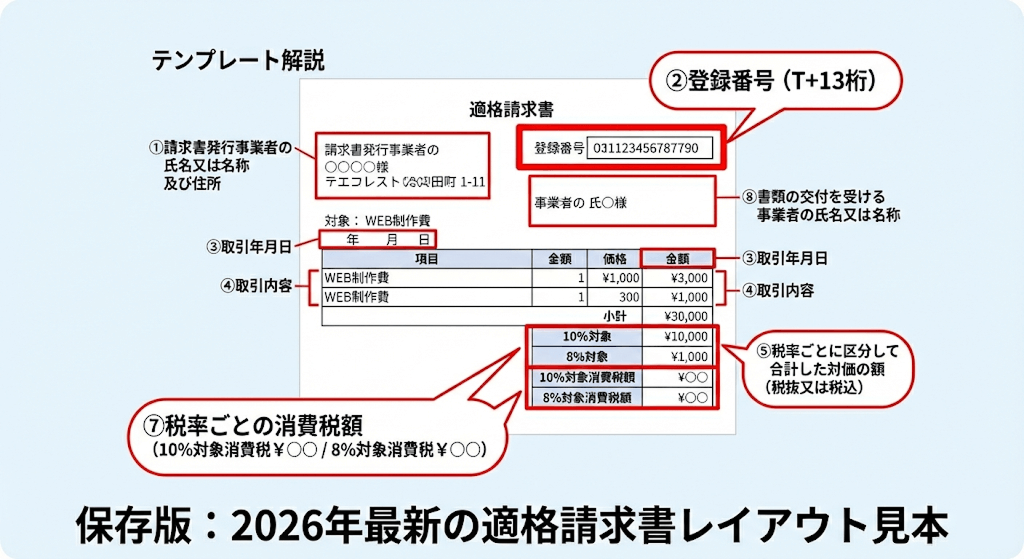 【保存版】2026年最新の適格請求書（インボイス）レイアウト見本：登録番号（T+13桁）、税率ごとの消費税額、取引年月日など、制度に対応した必須項目の記載位置を解説したテンプレート
