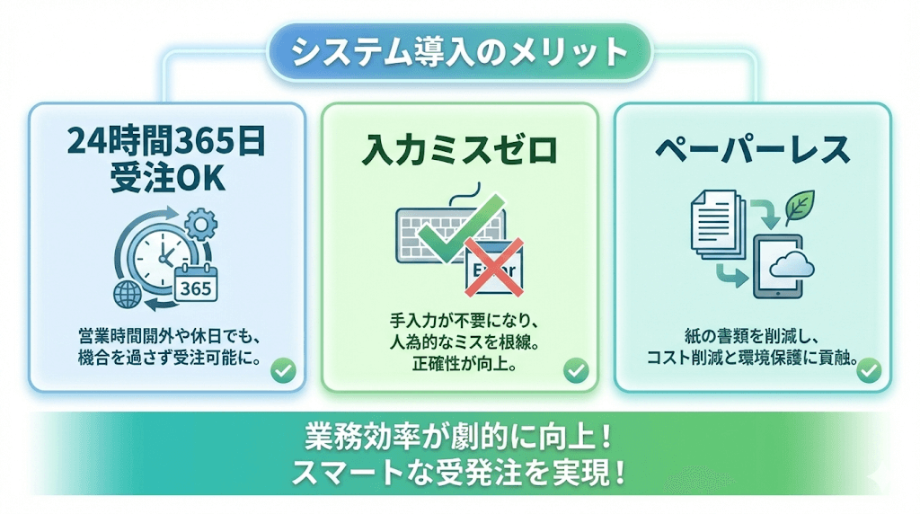 受発注システム導入の3大メリット：24時間365日受注可能、入力ミスゼロ（人為的ミスの根絶）、ペーパーレス化による業務効率化