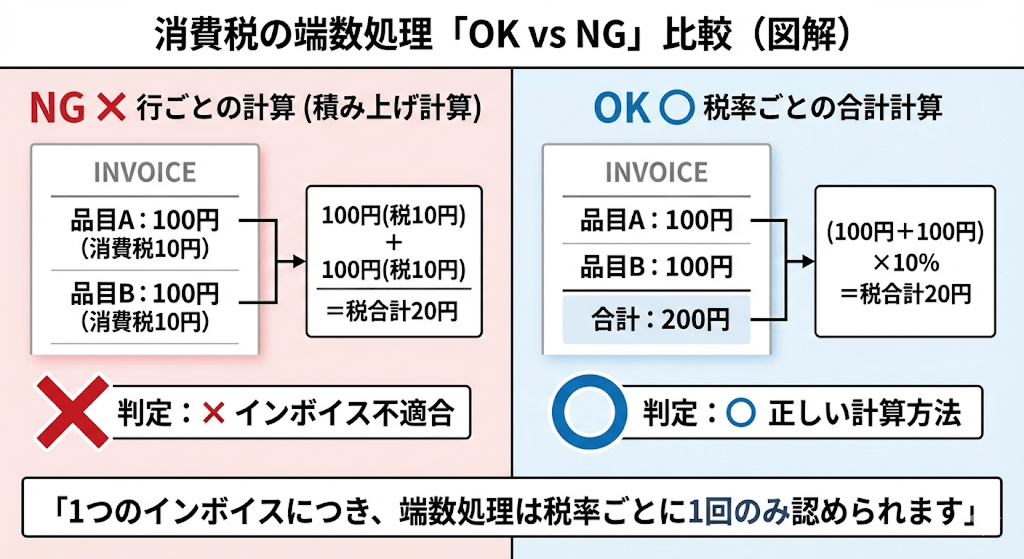 消費税の端数処理「OK vs NG」比較図解：インボイス制度における正しい計算方法（税率ごとの合計計算）と、不適合となる計算方法（行ごとの積み上げ計算）の違い。端数処理は1インボイスにつき1回のみ