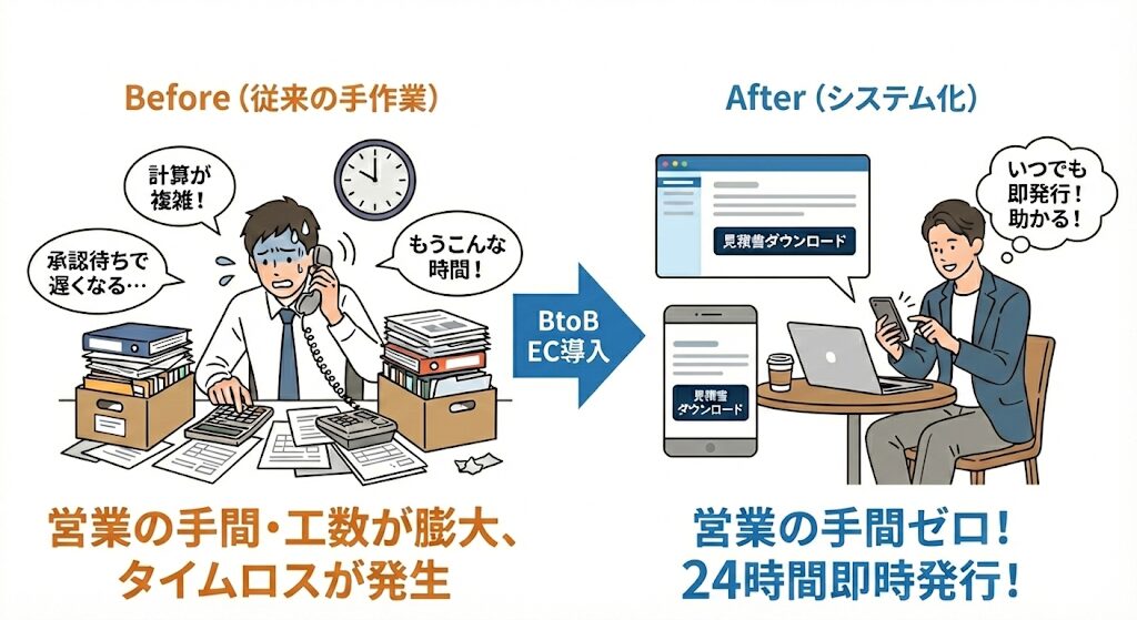 BtoB EC導入による見積書発行の効率化ビフォーアフター：手作業によるタイムロス・計算の手間を解消し、24時間即時発行・ダウンロードによる営業工数ゼロ化を実現