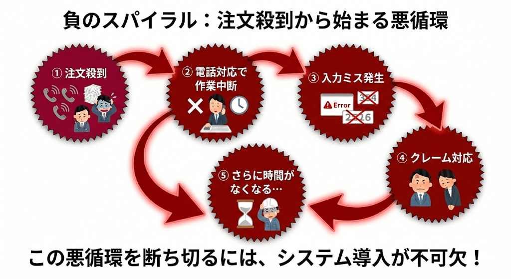 受発注業務における負のスパイラル図解：注文殺到による電話対応、入力ミス、クレーム対応の悪循環とシステム導入の必要性
