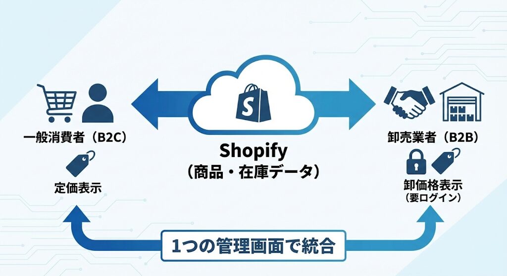 ShopifyによるB2C(一般消費者)とB2B(卸売)の統合管理イメージ。1つの管理画面で定価と卸価格(会員限定)を出し分ける仕組み