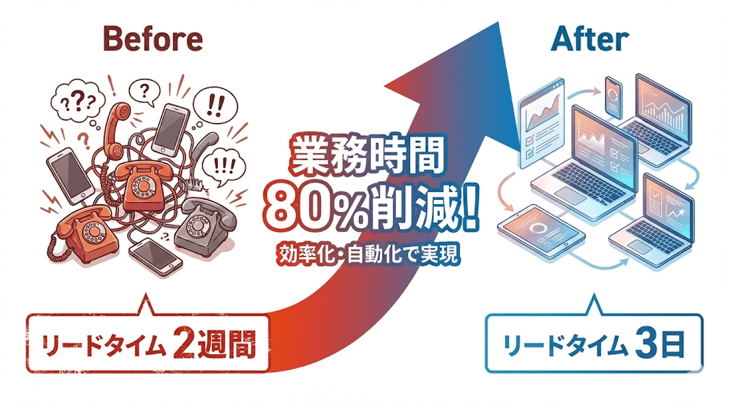 アナログ業務とDX導入後の比較イラスト。業務時間80%削減とリードタイムの大幅短縮(2週間から3日へ)を実現する効率化イメージ
