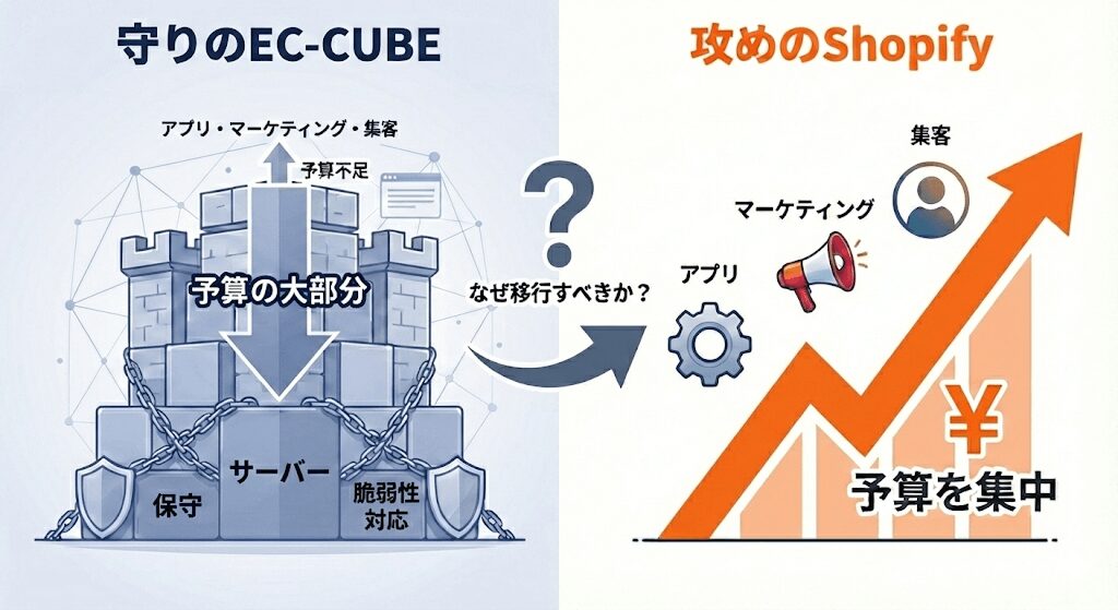 EC-CUBEとShopifyの予算配分の違い比較図。サーバー保守などの守りのコストから、集客・マーケティングといった攻めの投資へ予算を集中させるメリット